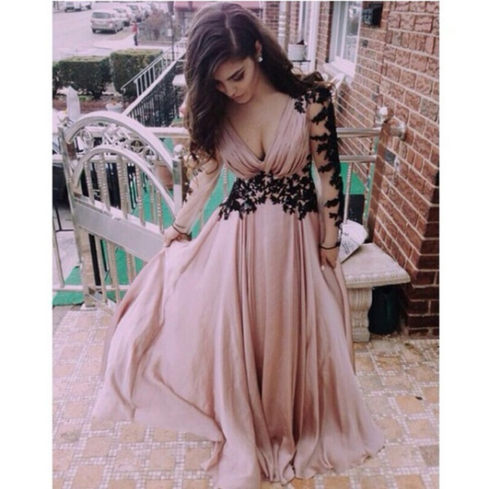 Champagne Prom Dress Black Lace Sequin Sleeve